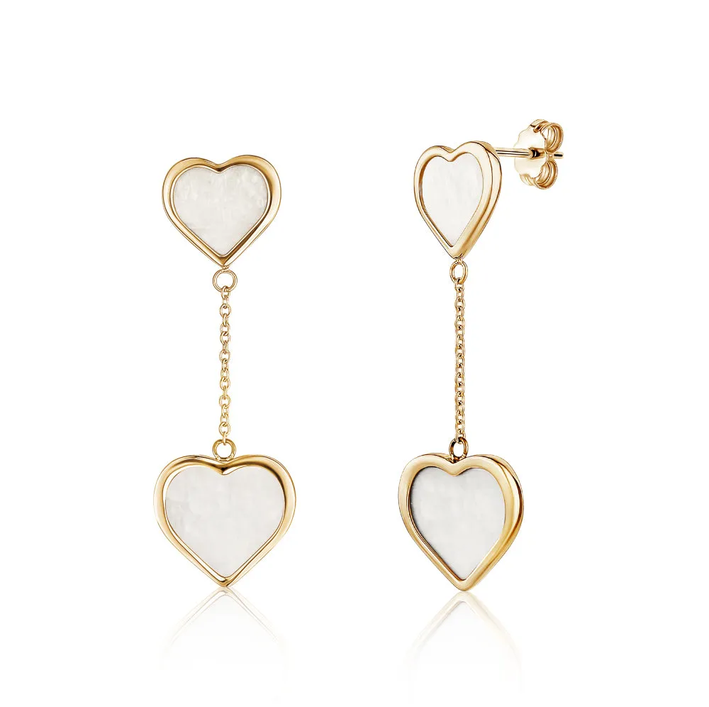 14K Yellow Gold Double Drop Heart Earrings with Mother of Pearl