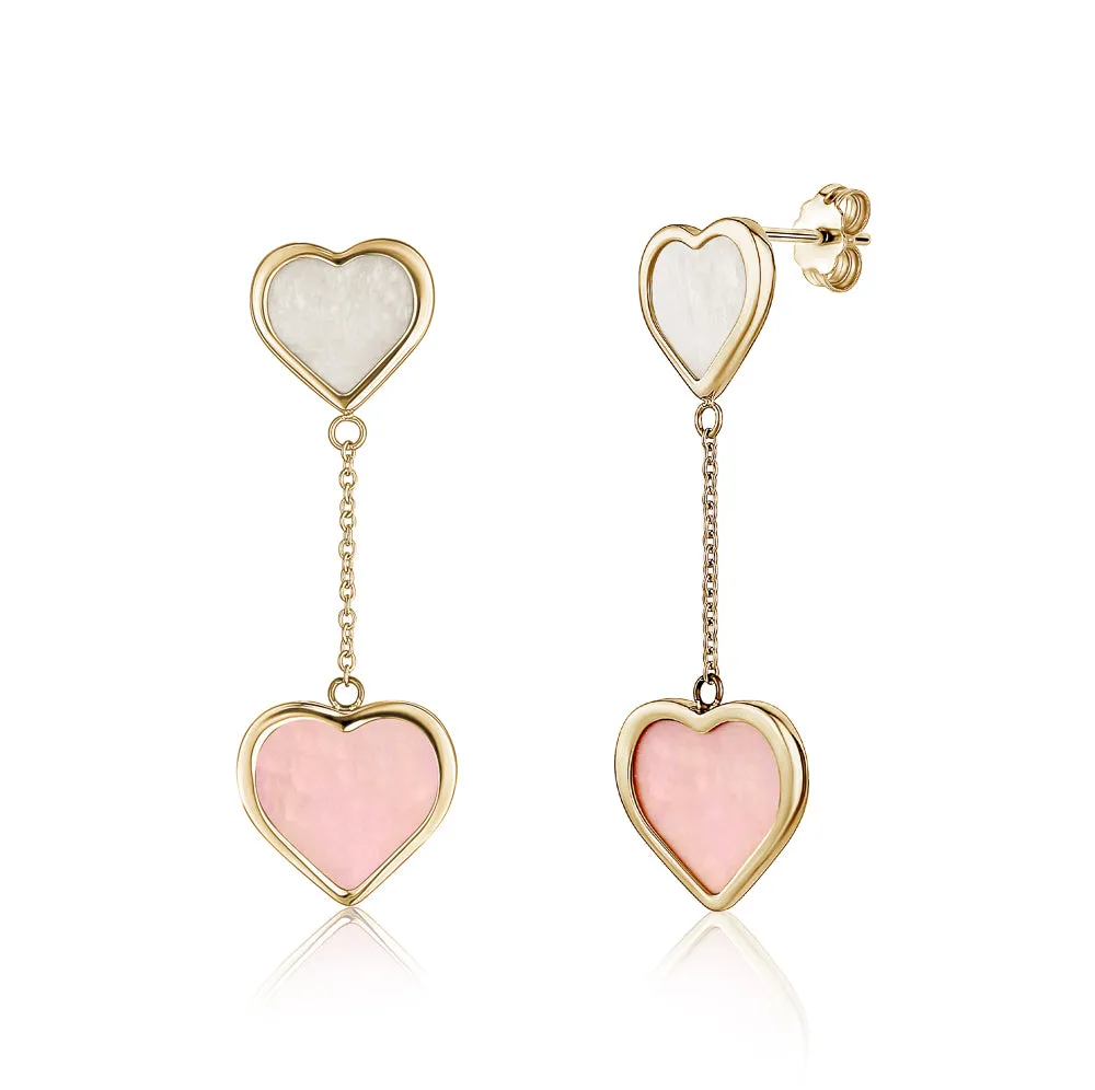 14K Yellow Gold Double Drop Heart Earrings with Mother of Pearl