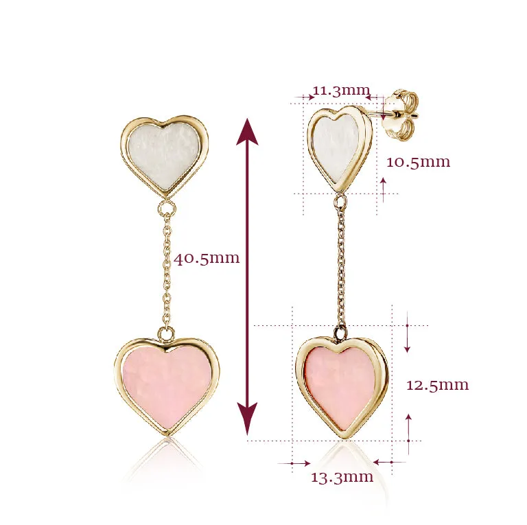 14K Yellow Gold Double Drop Heart Earrings with Mother of Pearl