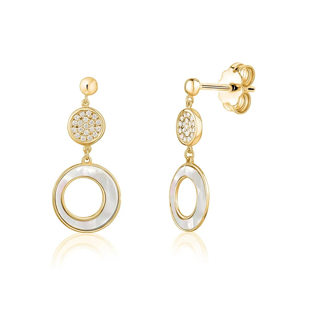 14K Yellow Gold Round Circle Disc Post Dangle Earrings with Mother of Pearl and Simulated Diamonds Italy