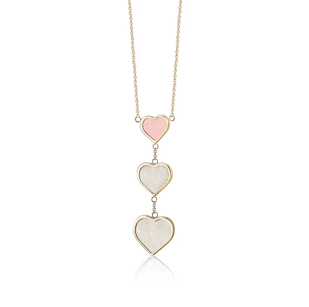 14K Yellow Gold Triple Drop Heart Necklace with Mother of Pearl