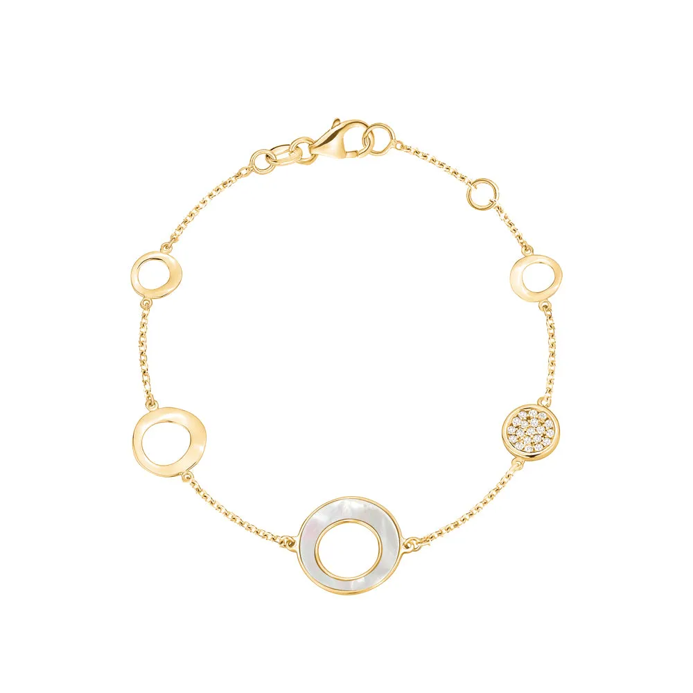 14K Yelow Gold Round Circle Disc Bracelet with Mother of Pearl and Simulated Diamonds Italy 7