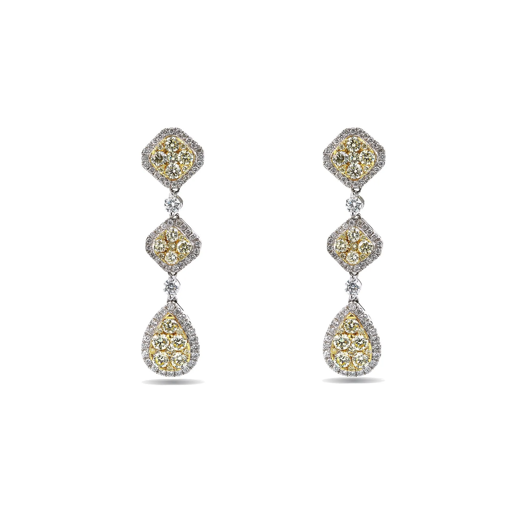 18K White Gold Ladies Drop Earrings With Total 3.07 CT Of Colored Diamonds