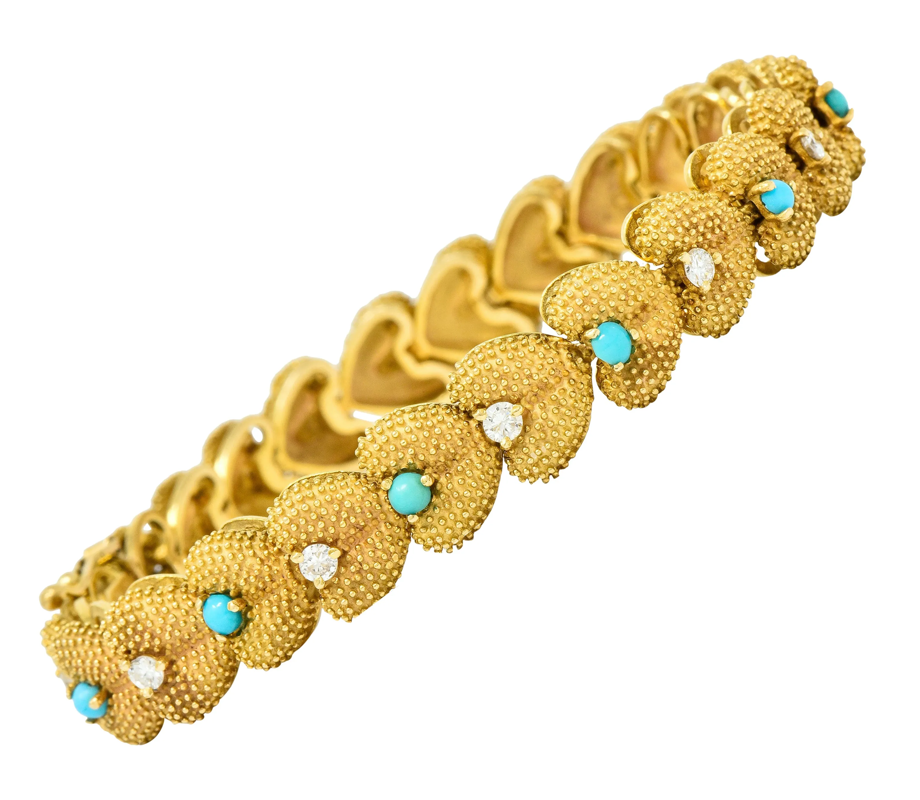 1960's House of La Triomphe Diamond Turquoise 14 Karat Gold Heart Link Bracelet