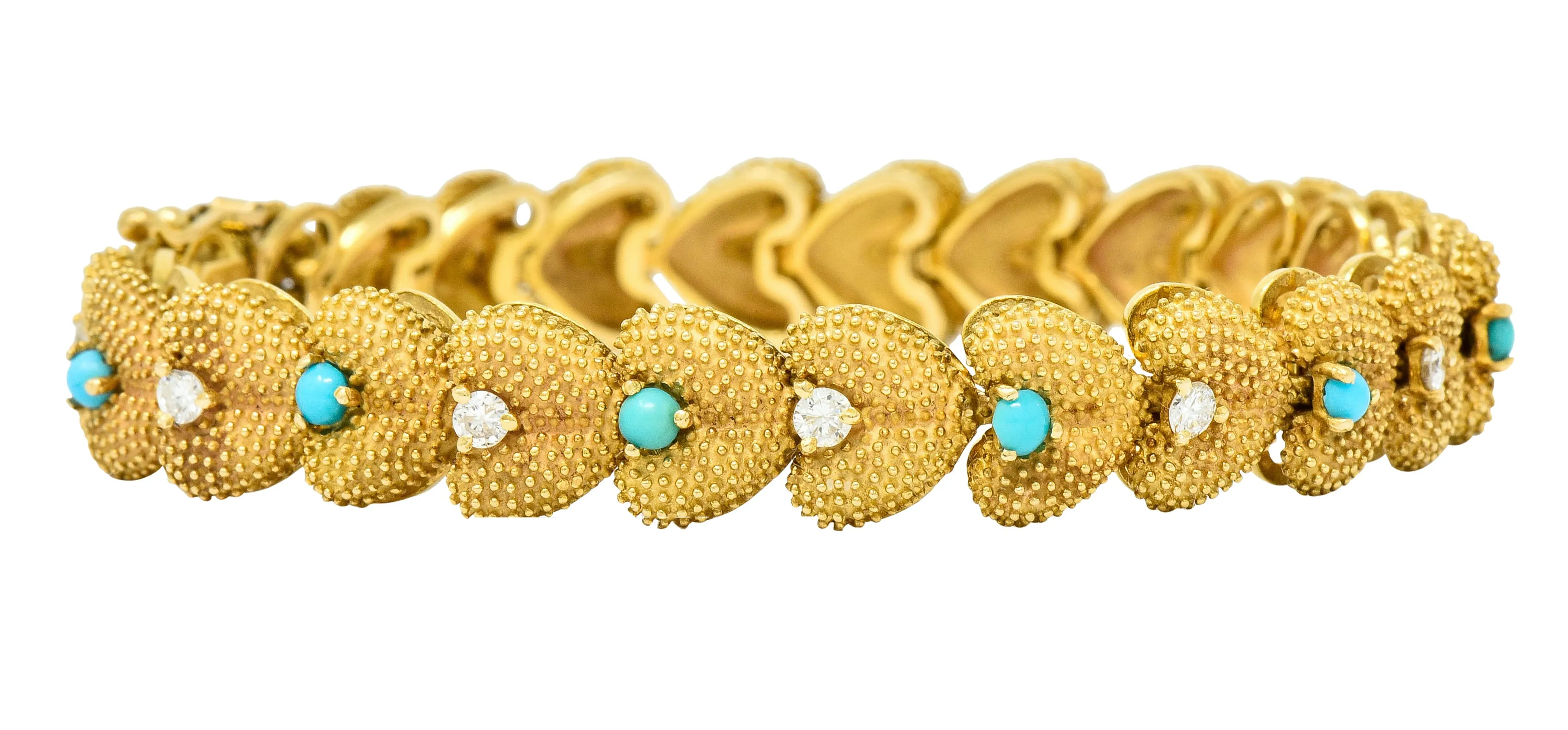 1960's House of La Triomphe Diamond Turquoise 14 Karat Gold Heart Link Bracelet