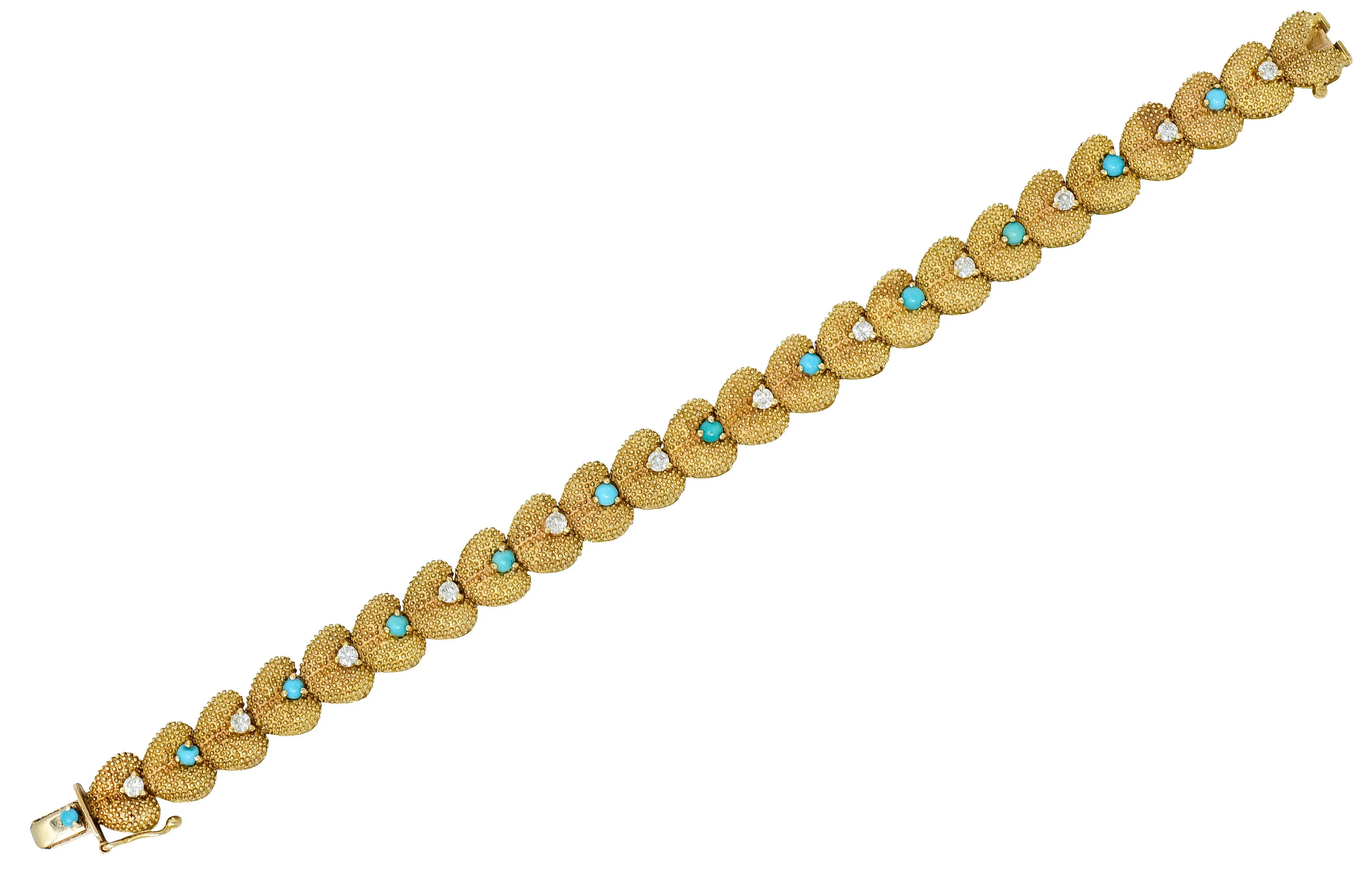 1960's House of La Triomphe Diamond Turquoise 14 Karat Gold Heart Link Bracelet