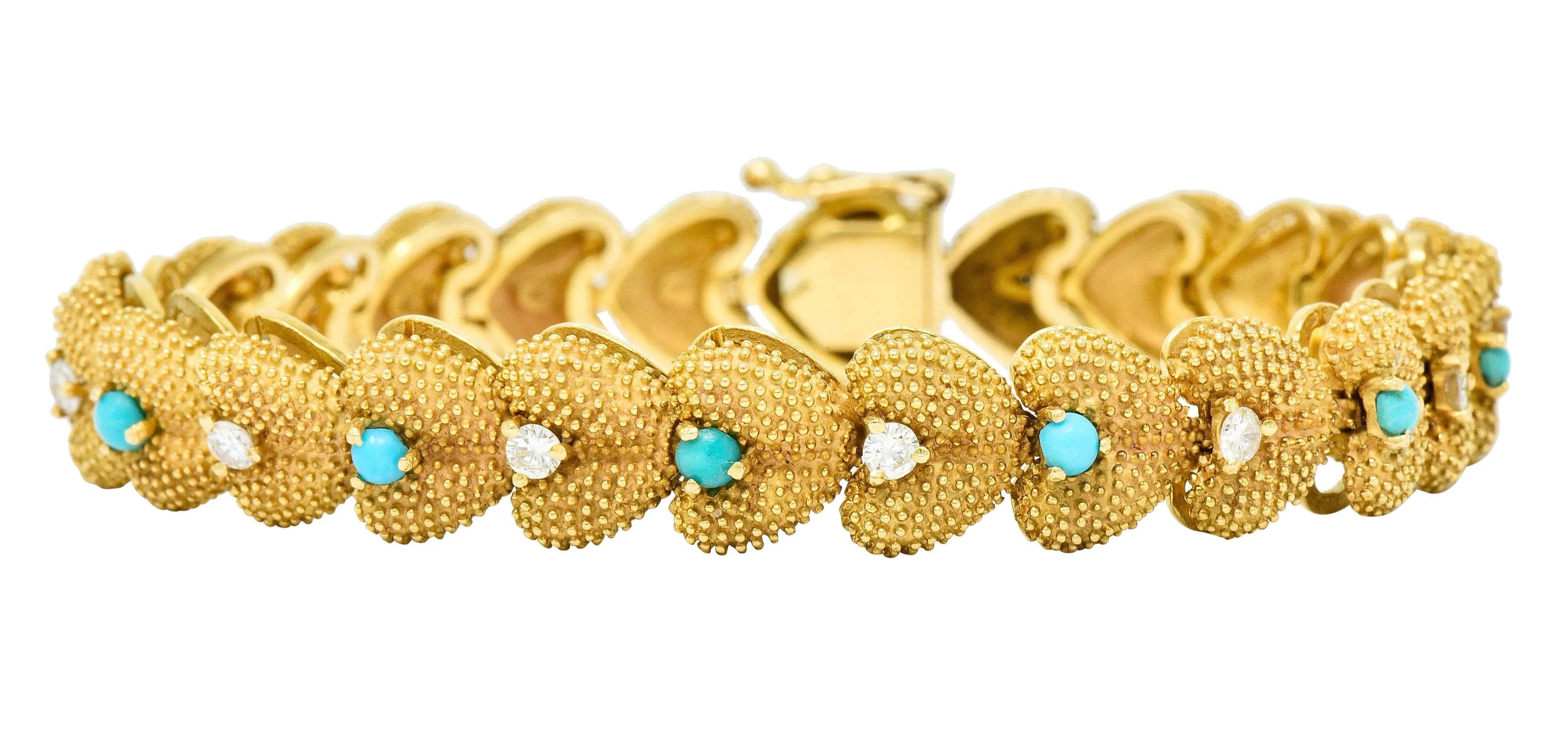 1960's House of La Triomphe Diamond Turquoise 14 Karat Gold Heart Link Bracelet