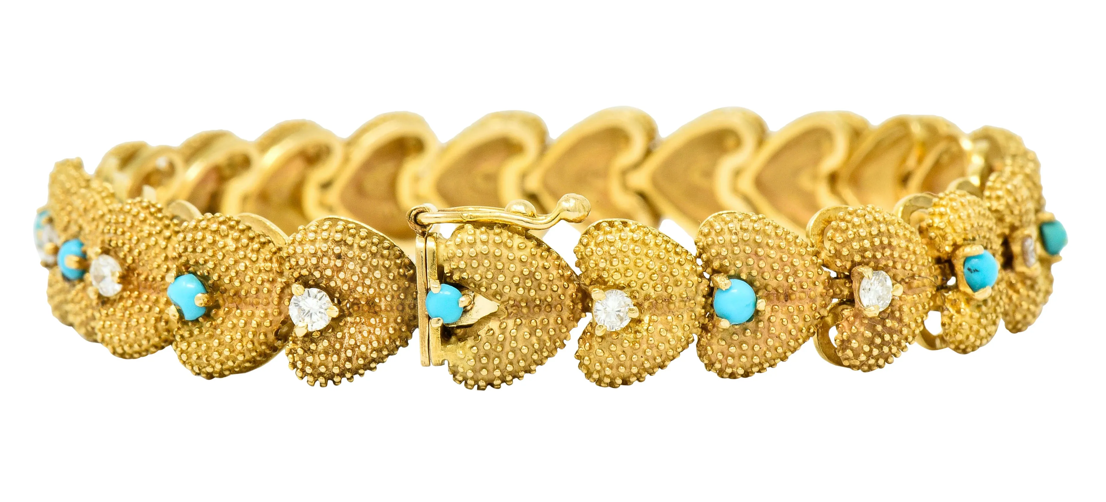 1960's House of La Triomphe Diamond Turquoise 14 Karat Gold Heart Link Bracelet