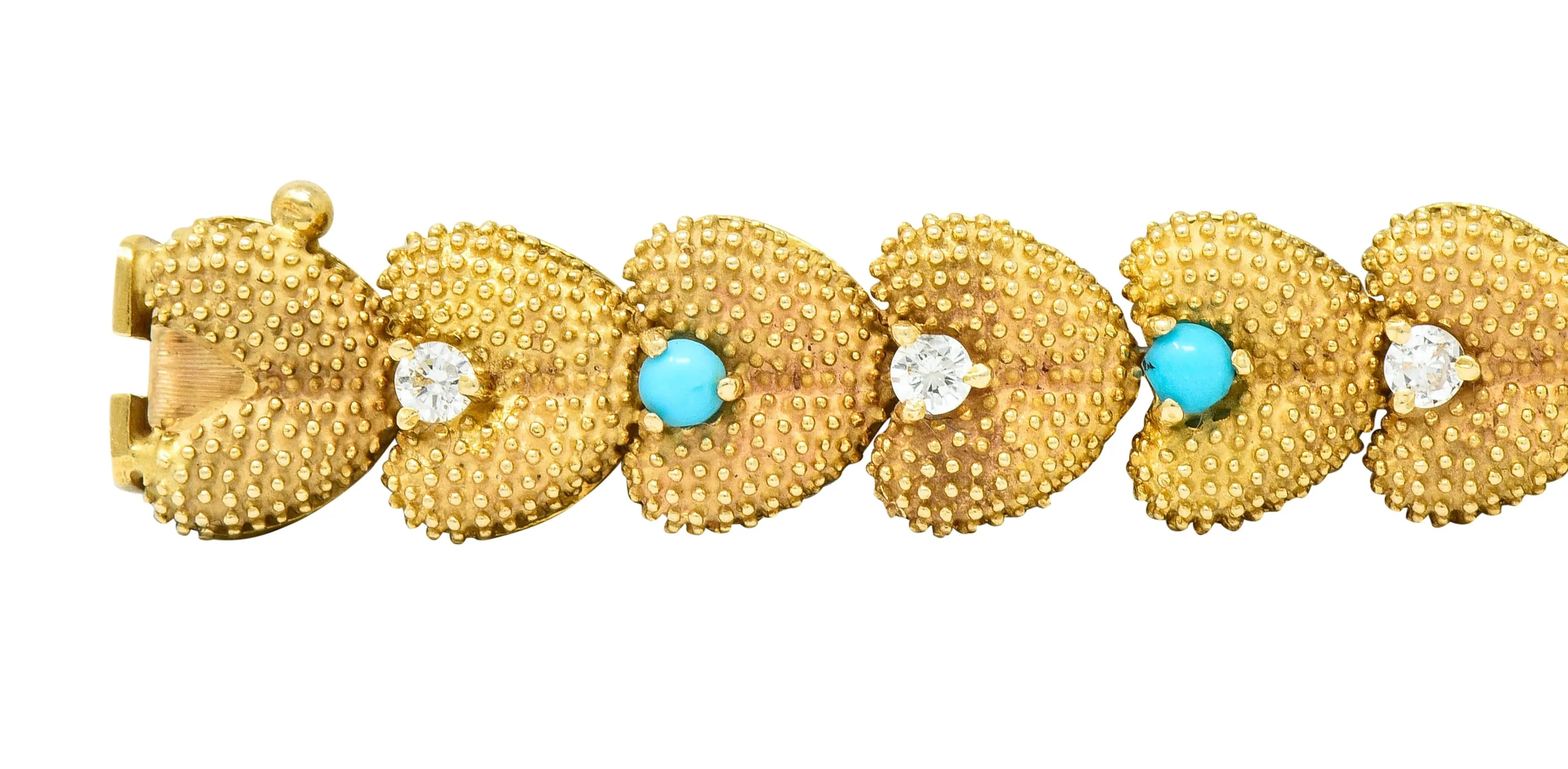 1960's House of La Triomphe Diamond Turquoise 14 Karat Gold Heart Link Bracelet