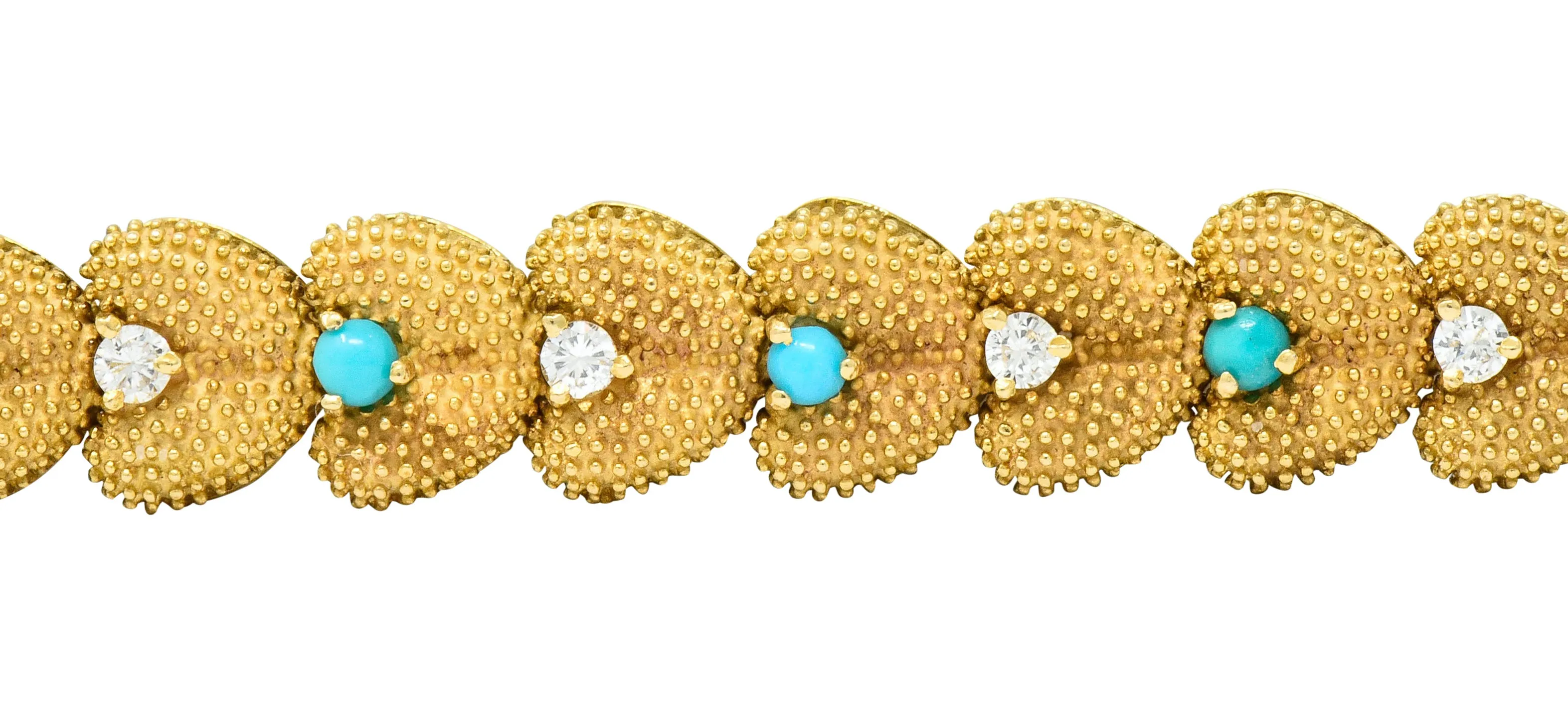 1960's House of La Triomphe Diamond Turquoise 14 Karat Gold Heart Link Bracelet