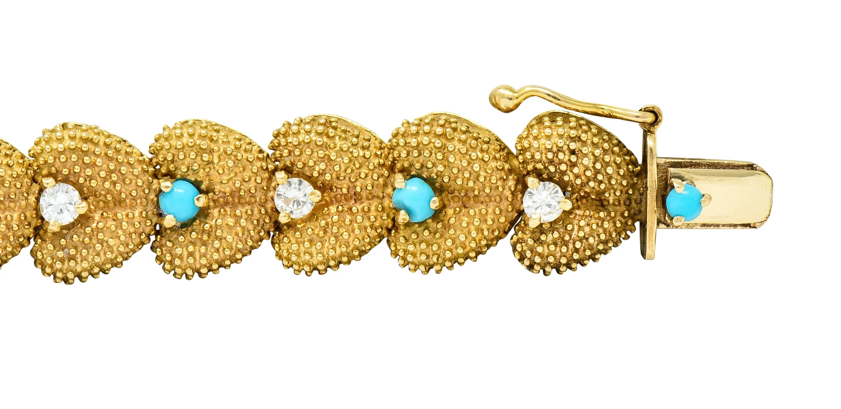 1960's House of La Triomphe Diamond Turquoise 14 Karat Gold Heart Link Bracelet