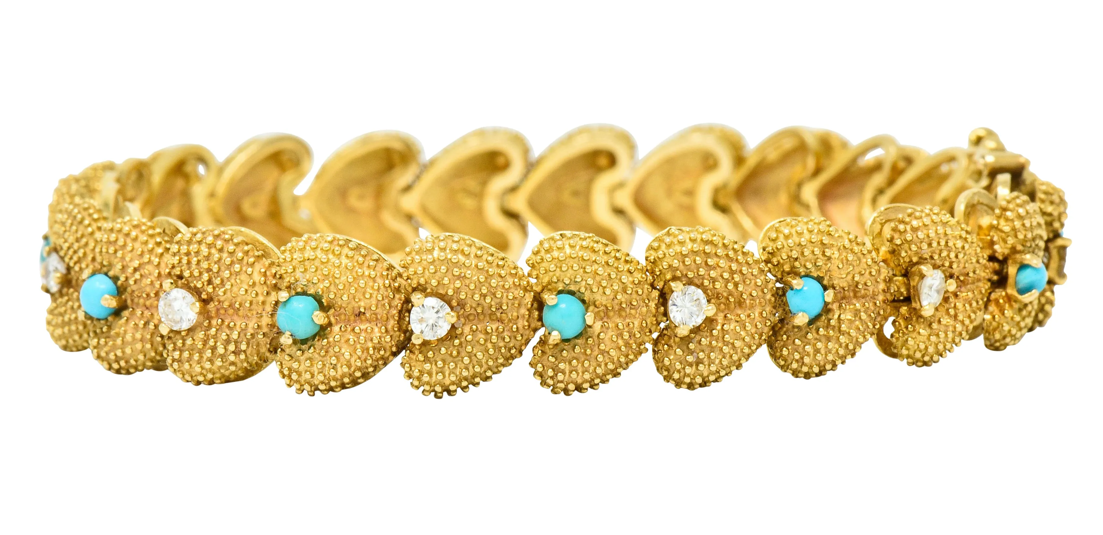 1960's House of La Triomphe Diamond Turquoise 14 Karat Gold Heart Link Bracelet