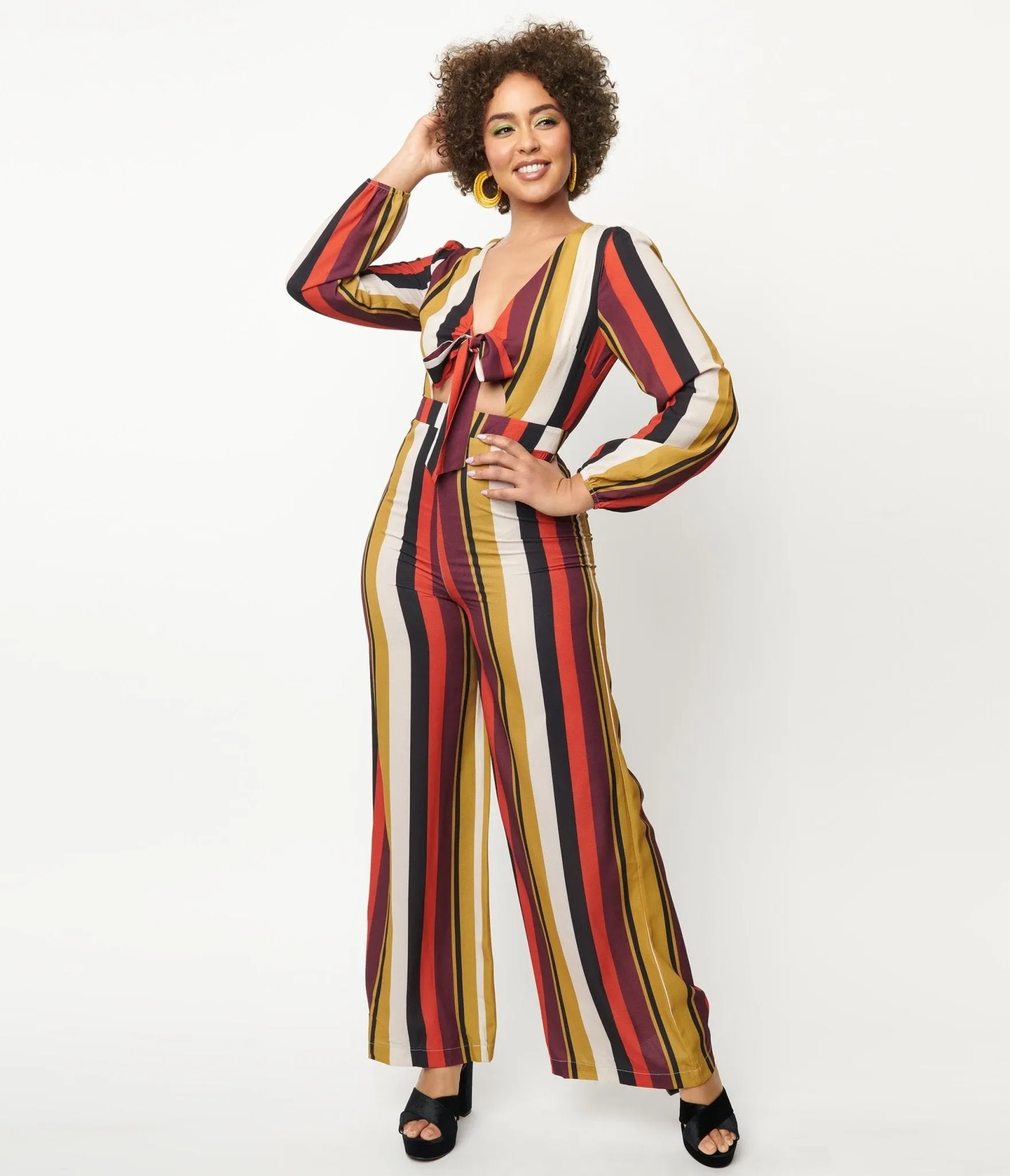 1970s Red & Mustard Stripe Front Tie Jumpsuit