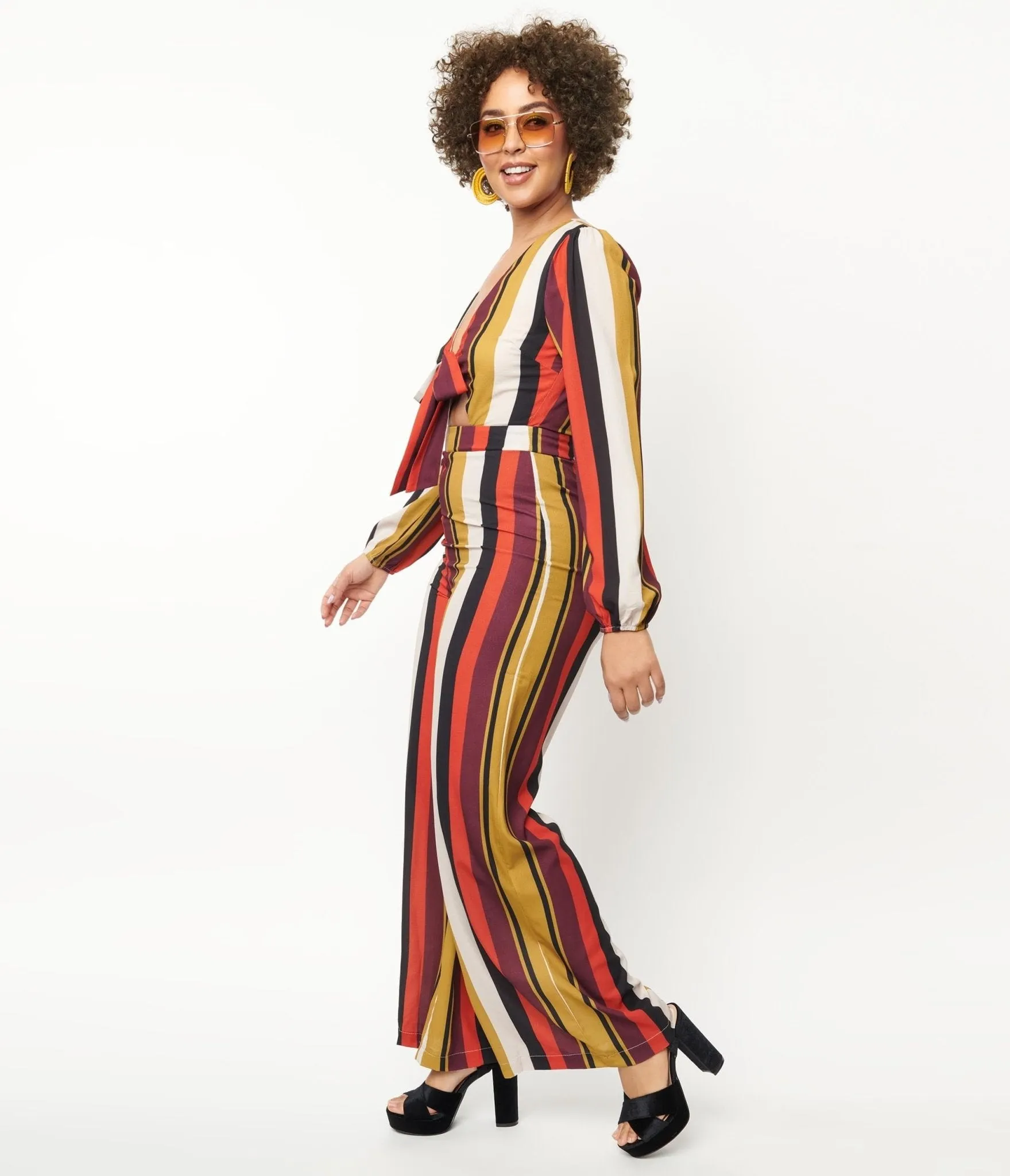 1970s Red & Mustard Stripe Front Tie Jumpsuit