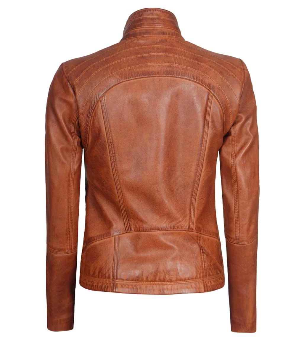 Acerra Women's Real Cognac Brown Leather Cafe Racer Jacket