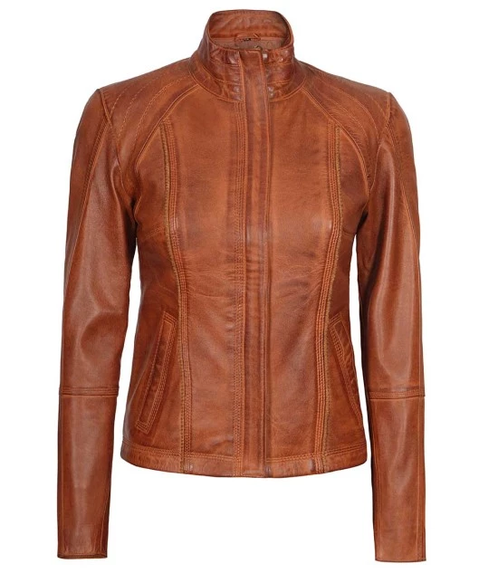 Acerra Women's Real Cognac Brown Leather Cafe Racer Jacket