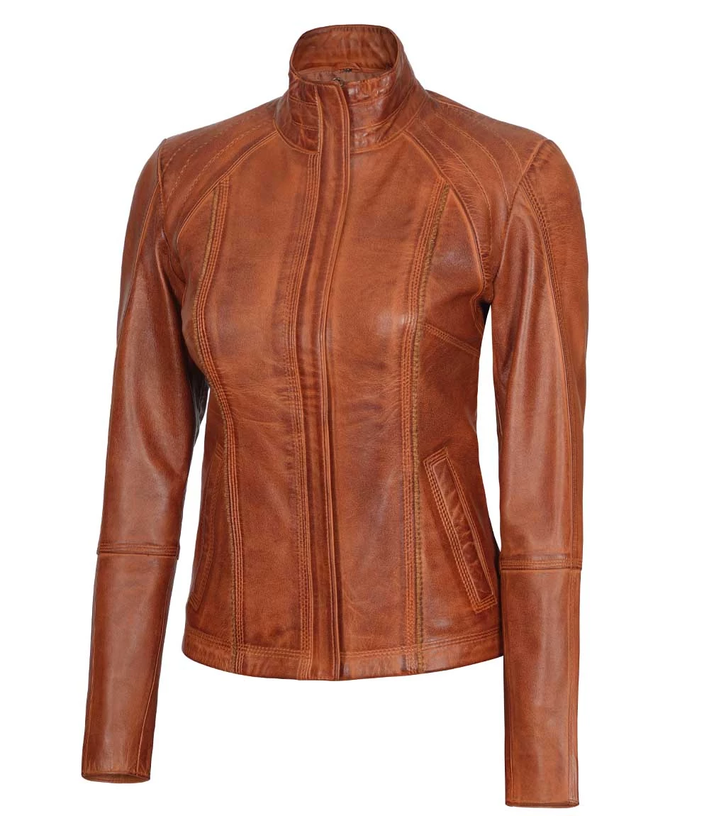 Acerra Women's Real Cognac Brown Leather Cafe Racer Jacket