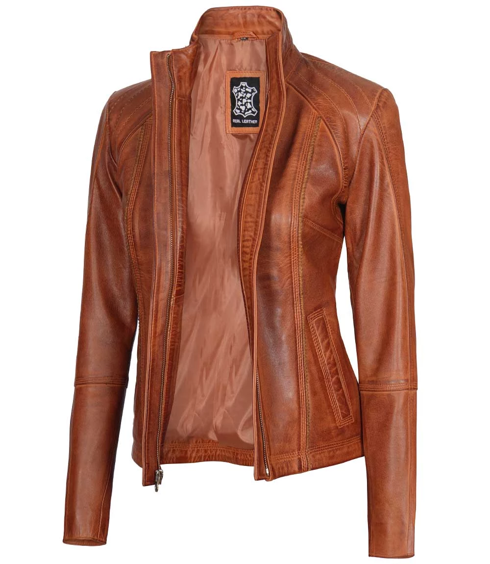 Acerra Women's Real Cognac Brown Leather Cafe Racer Jacket