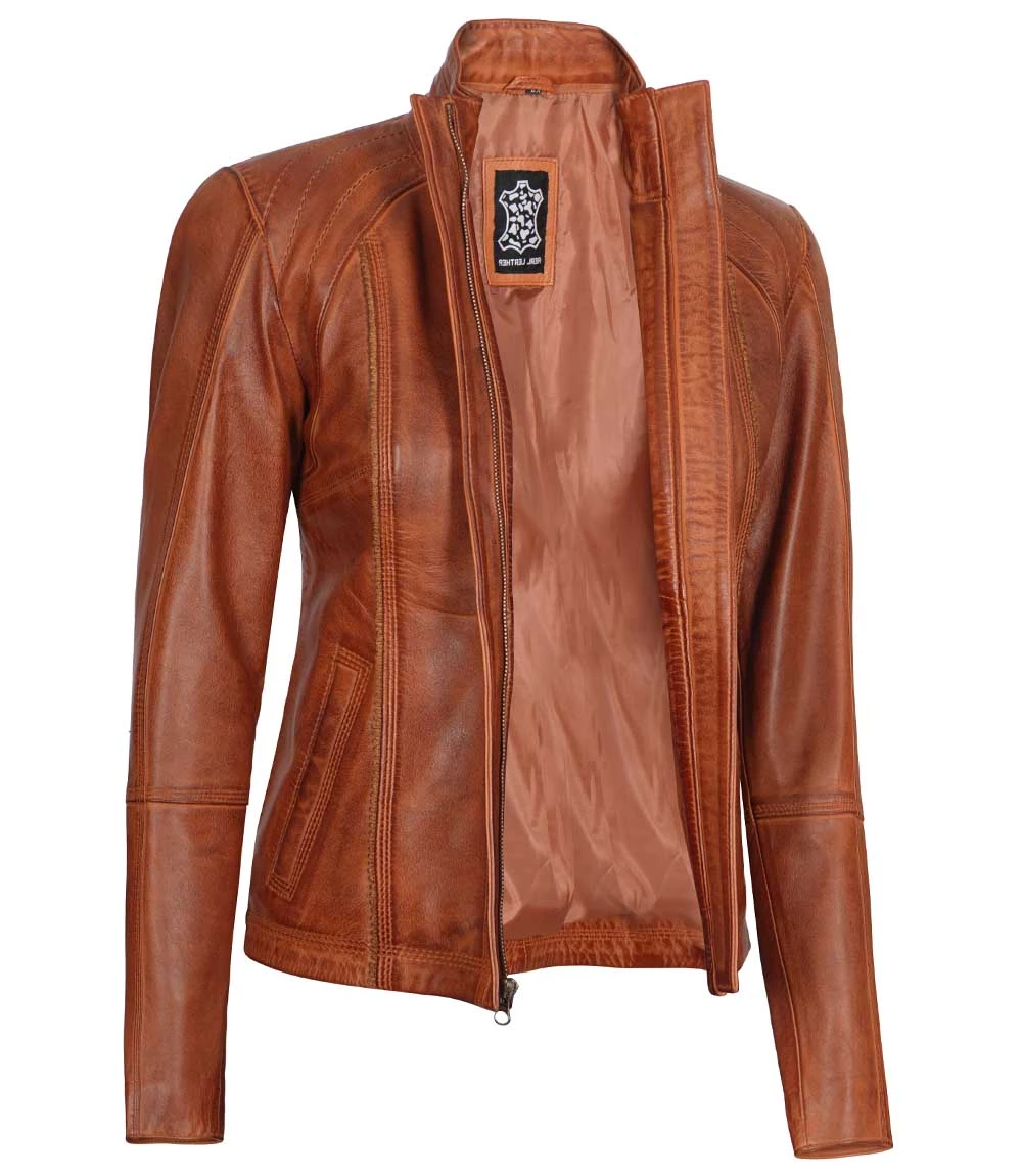 Acerra Women's Real Cognac Brown Leather Cafe Racer Jacket