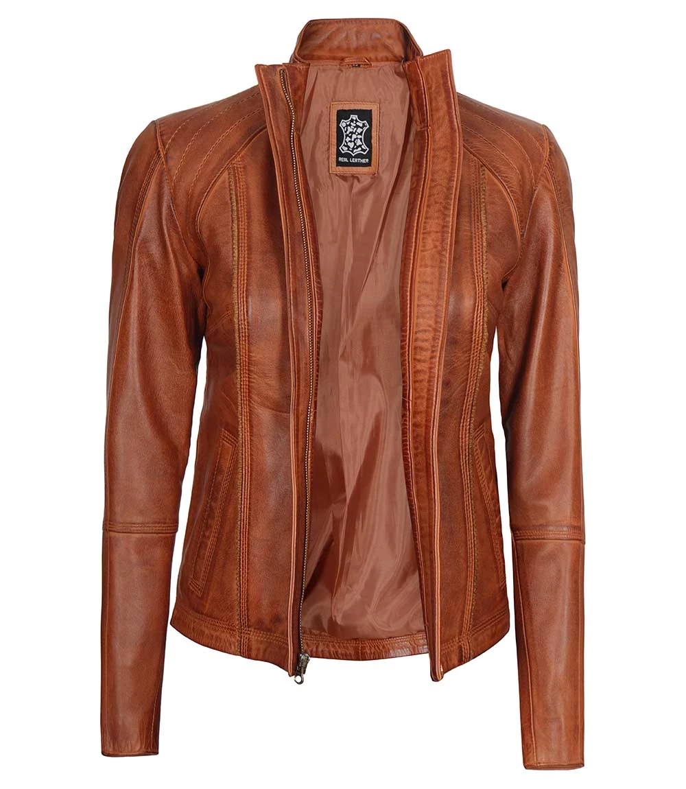 Acerra Women's Real Cognac Brown Leather Cafe Racer Jacket