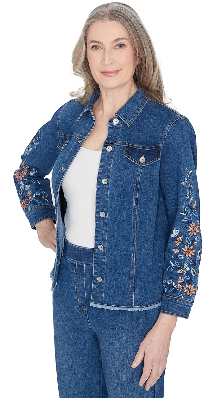 ALFRED DUNNER JACKET *PLUS* MD DENIM EMBROIDERED FRINGE