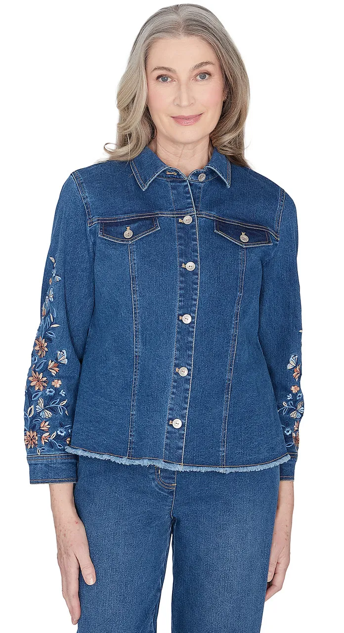 ALFRED DUNNER JACKET *PLUS* MD DENIM EMBROIDERED FRINGE