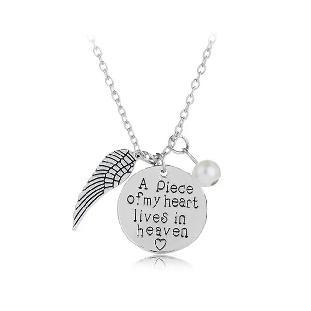 Angel Wing Necklace with Pearl - Engraved Round -   A piece of my heart lives in heaven 