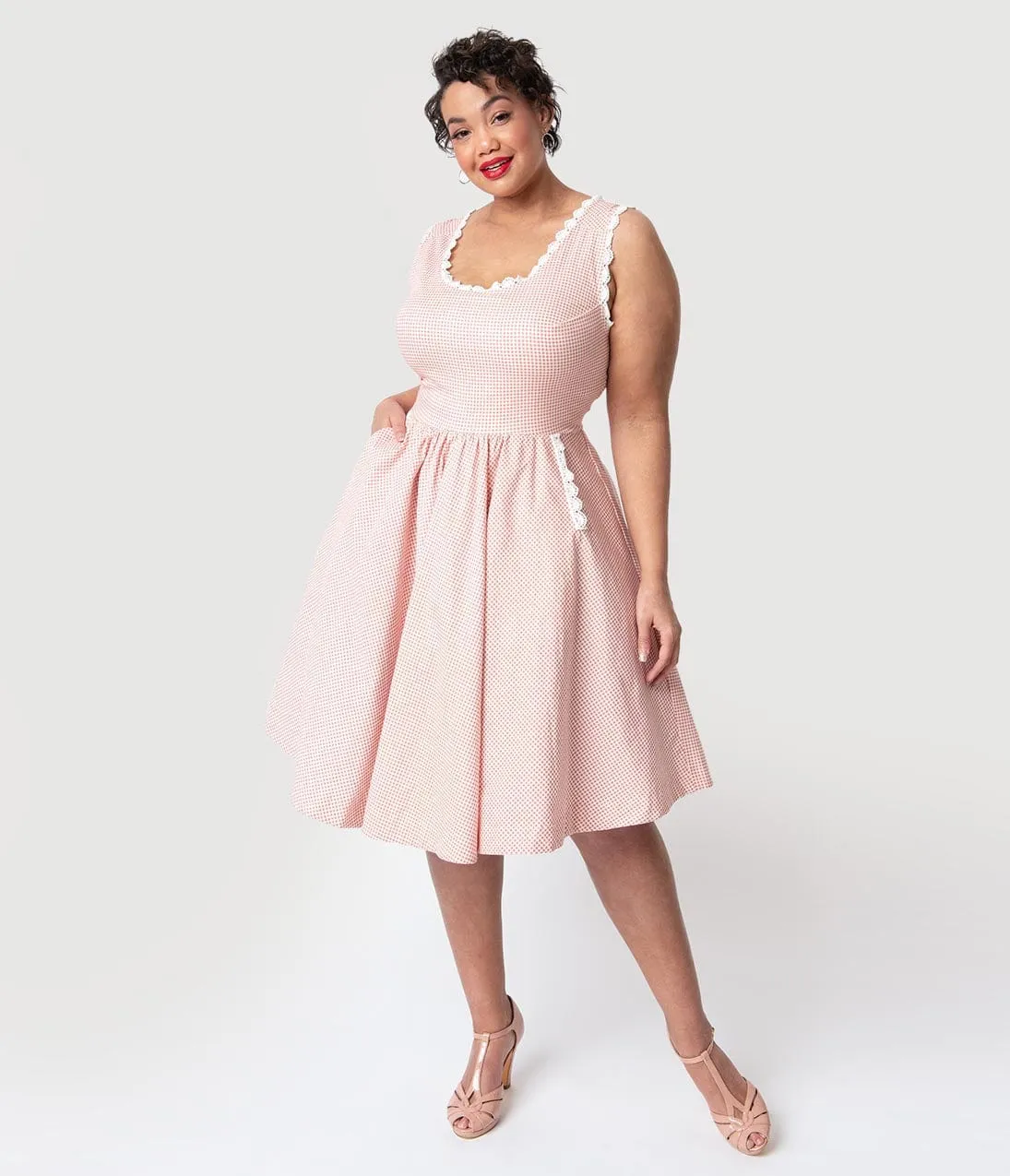 Barbie x Unique Vintage Plus Size Rose & White Gingham Barbie-Q Swing Dress