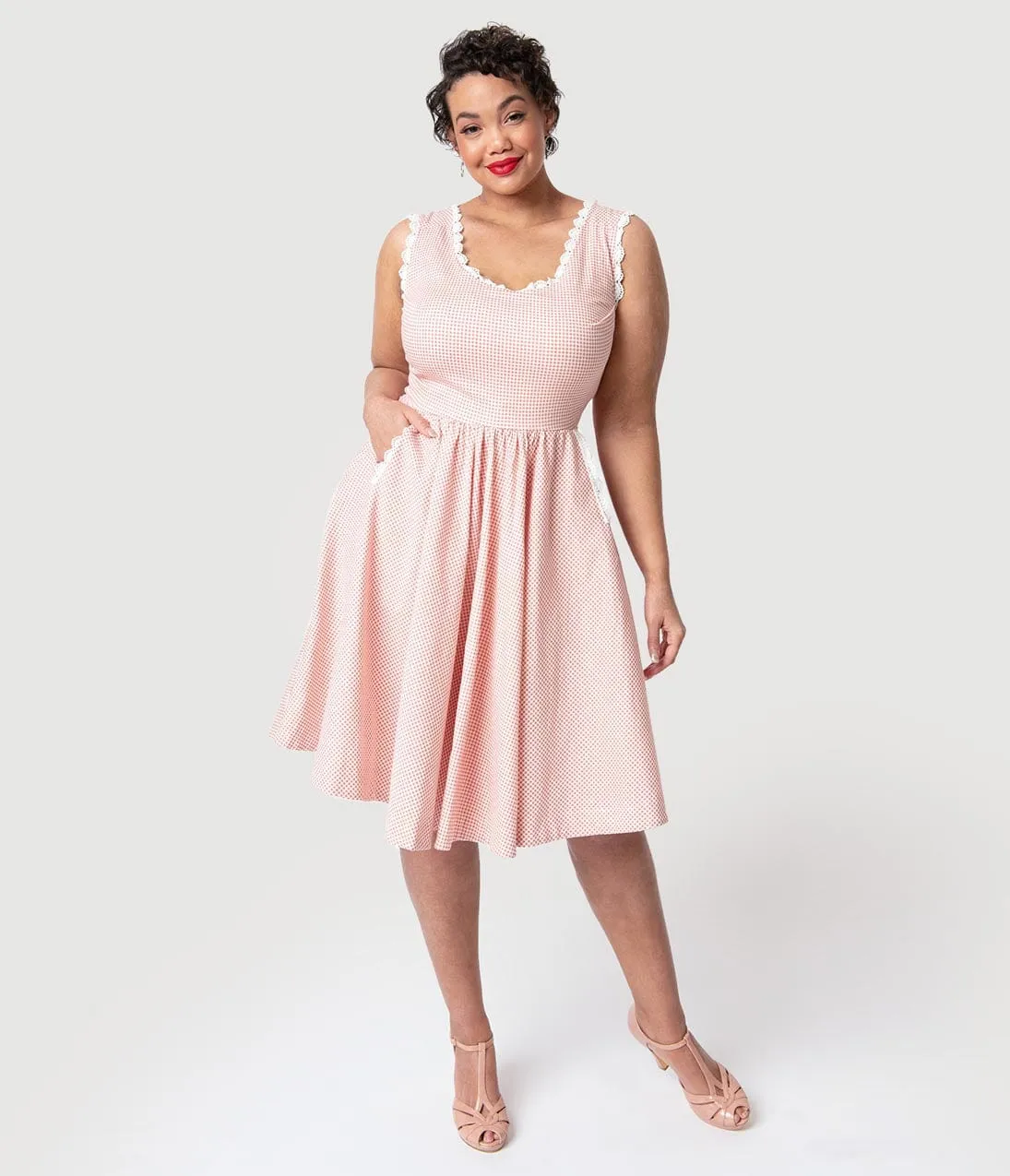 Barbie x Unique Vintage Plus Size Rose & White Gingham Barbie-Q Swing Dress