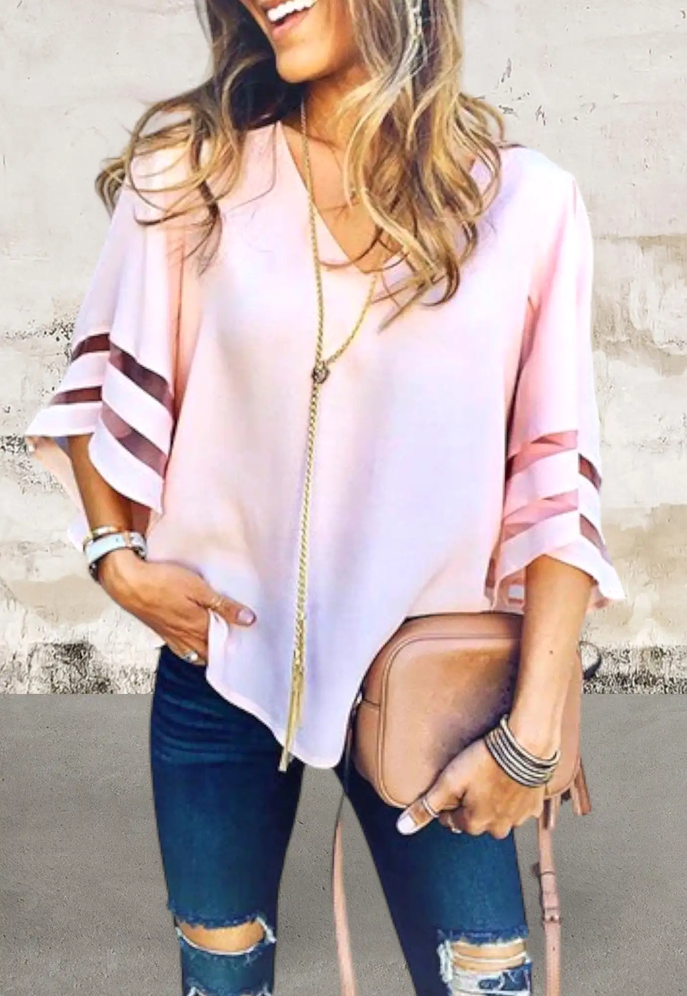 Bell Sleeves Mesh Loose Fitting Blouse