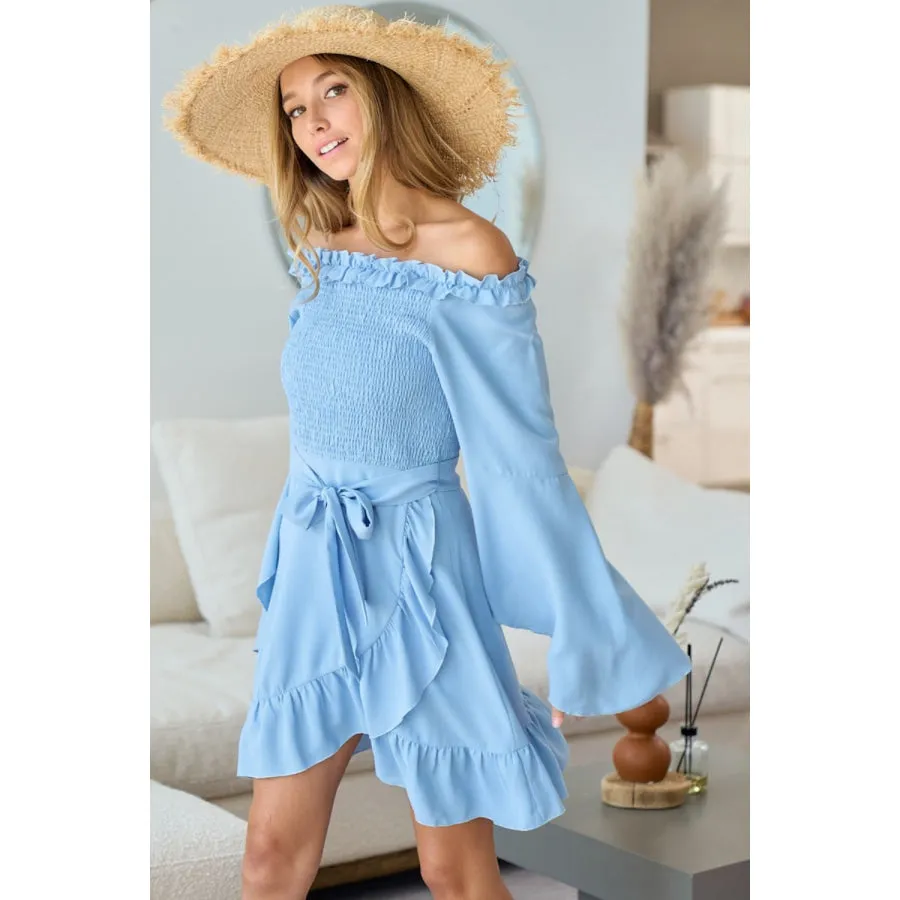 BiBi Smocked Ruffled Front Tie Mini Dress