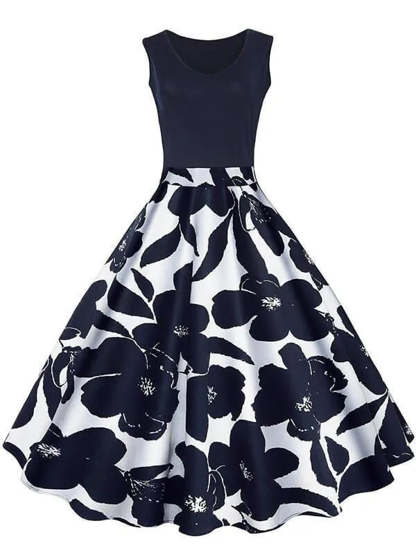 Black 1950s Floral Plus Size Swing Dress