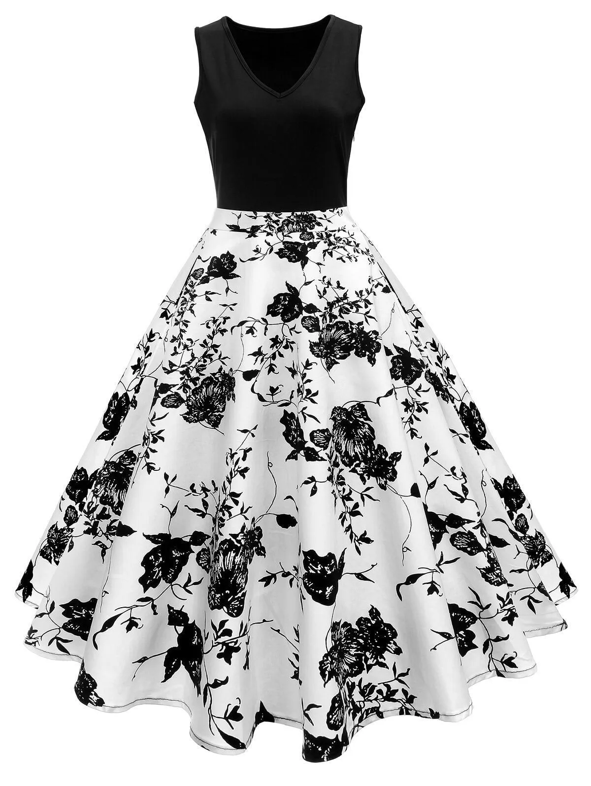 Black 1950s Floral Plus Size Swing Dress