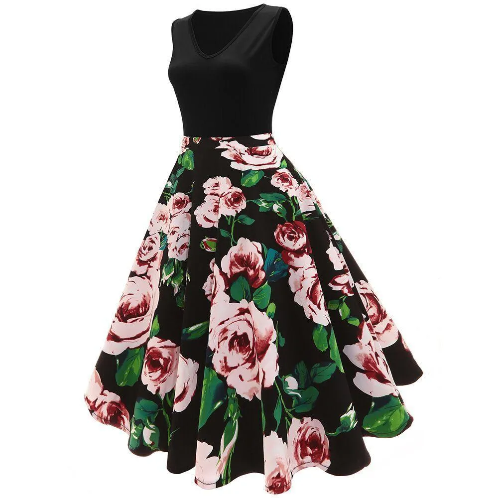 Black 1950s Floral Plus Size Swing Dress