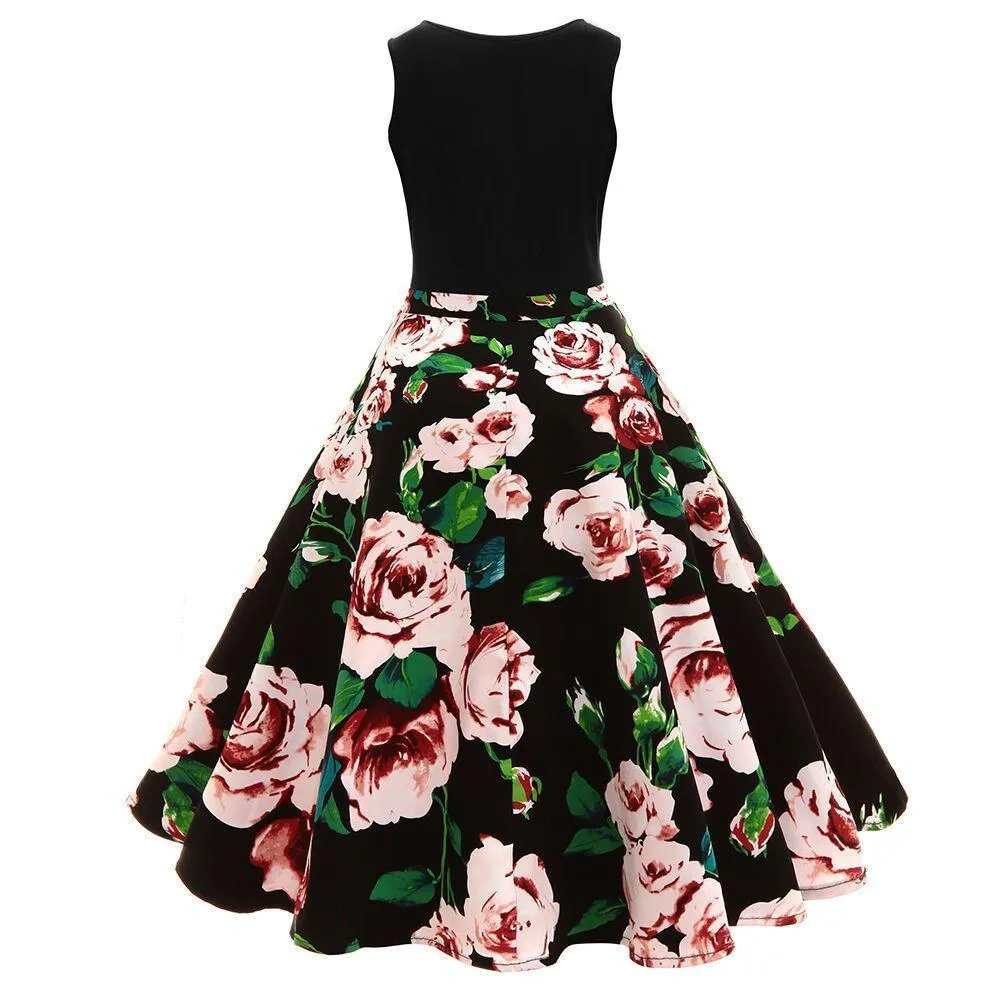 Black 1950s Floral Plus Size Swing Dress