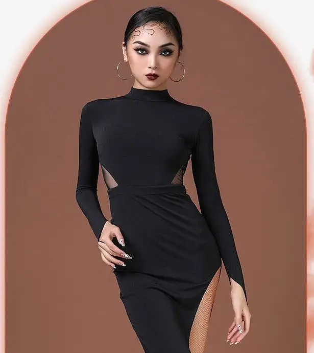 Black Latin Dress with Open Back, Mesh Cutouts, and Side Slit PRA 762_sale