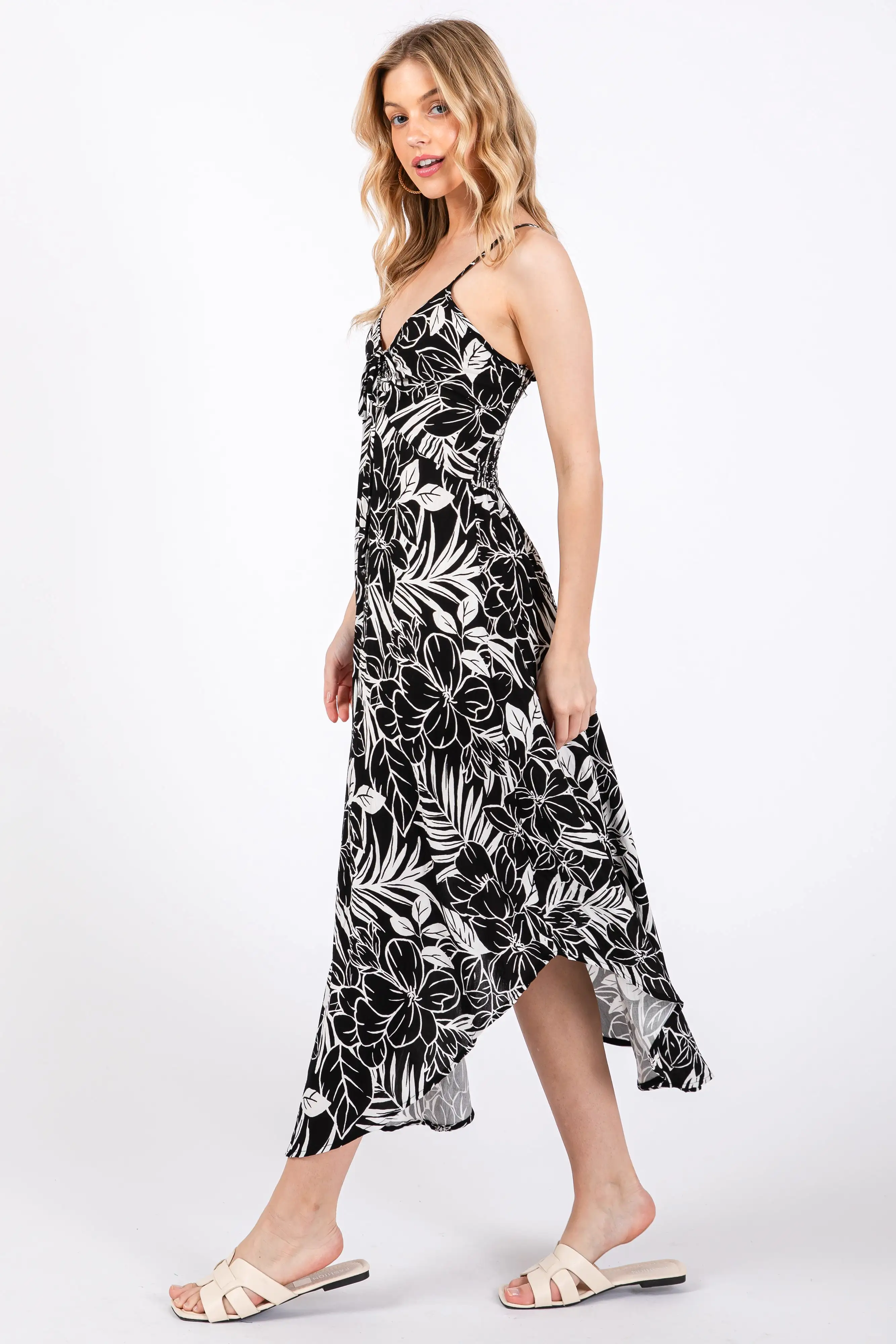 Black Tropical Floral Front Tie Midi Dress