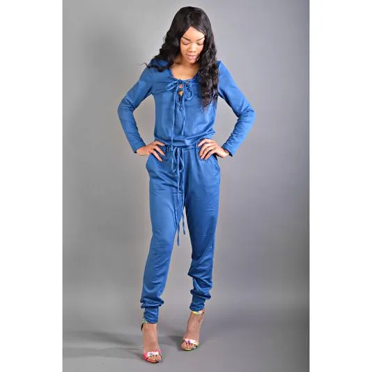 Blue/Green Tie Front Drawstring Jumpsuit