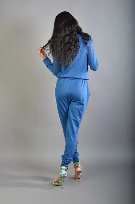 Blue/Green Tie Front Drawstring Jumpsuit