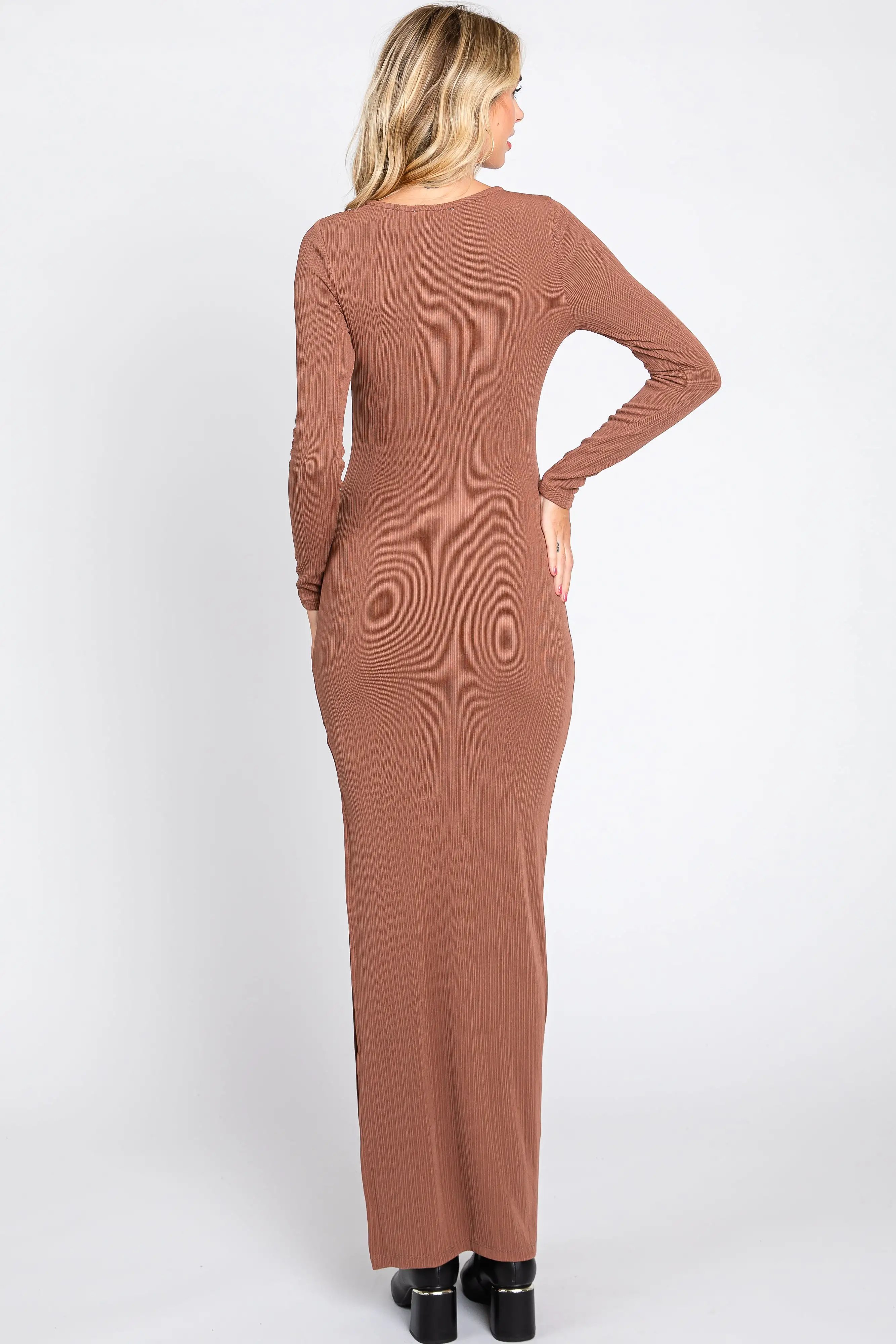 Brown Ribbed Long Sleeve Side Slit Maxi Dress