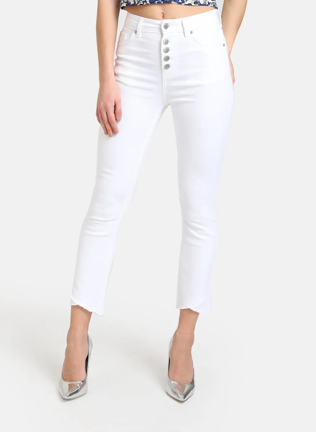 Button Detailed Jeans  With Cross Fringe Hem