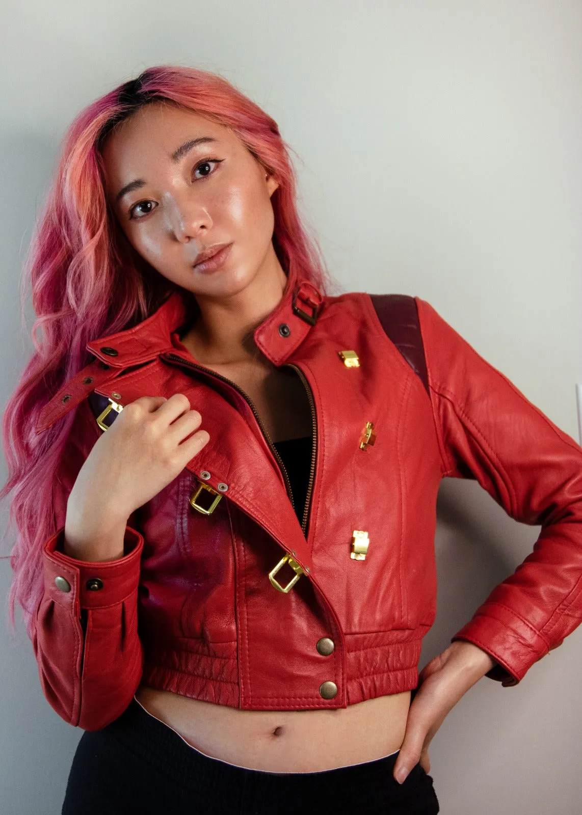 Buy Womens Akira Kaneda Red Leather Jacket Biker Crop Top | LucaJackets