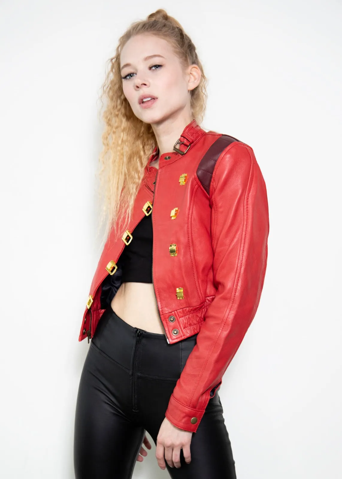 Buy Womens Akira Kaneda Red Leather Jacket Biker Crop Top | LucaJackets