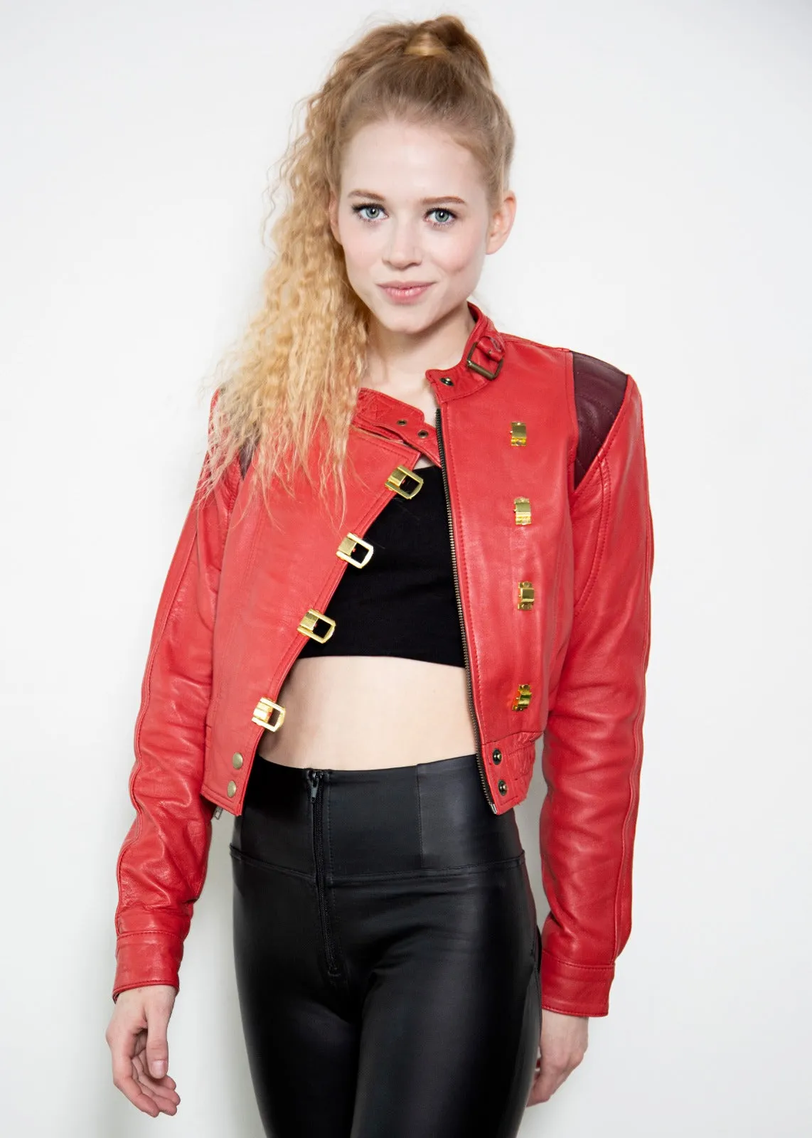 Buy Womens Akira Kaneda Red Leather Jacket Biker Crop Top | LucaJackets