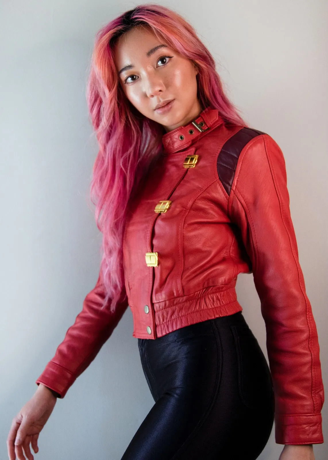 Buy Womens Akira Kaneda Red Leather Jacket Biker Crop Top | LucaJackets