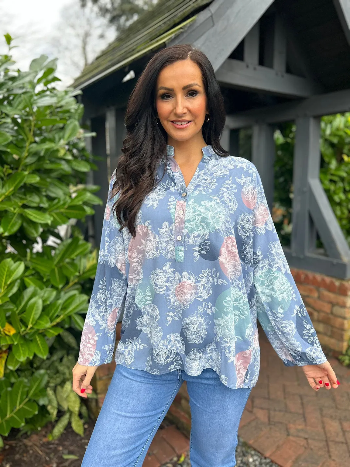 Denim Floral Circle Pattern Blouse April