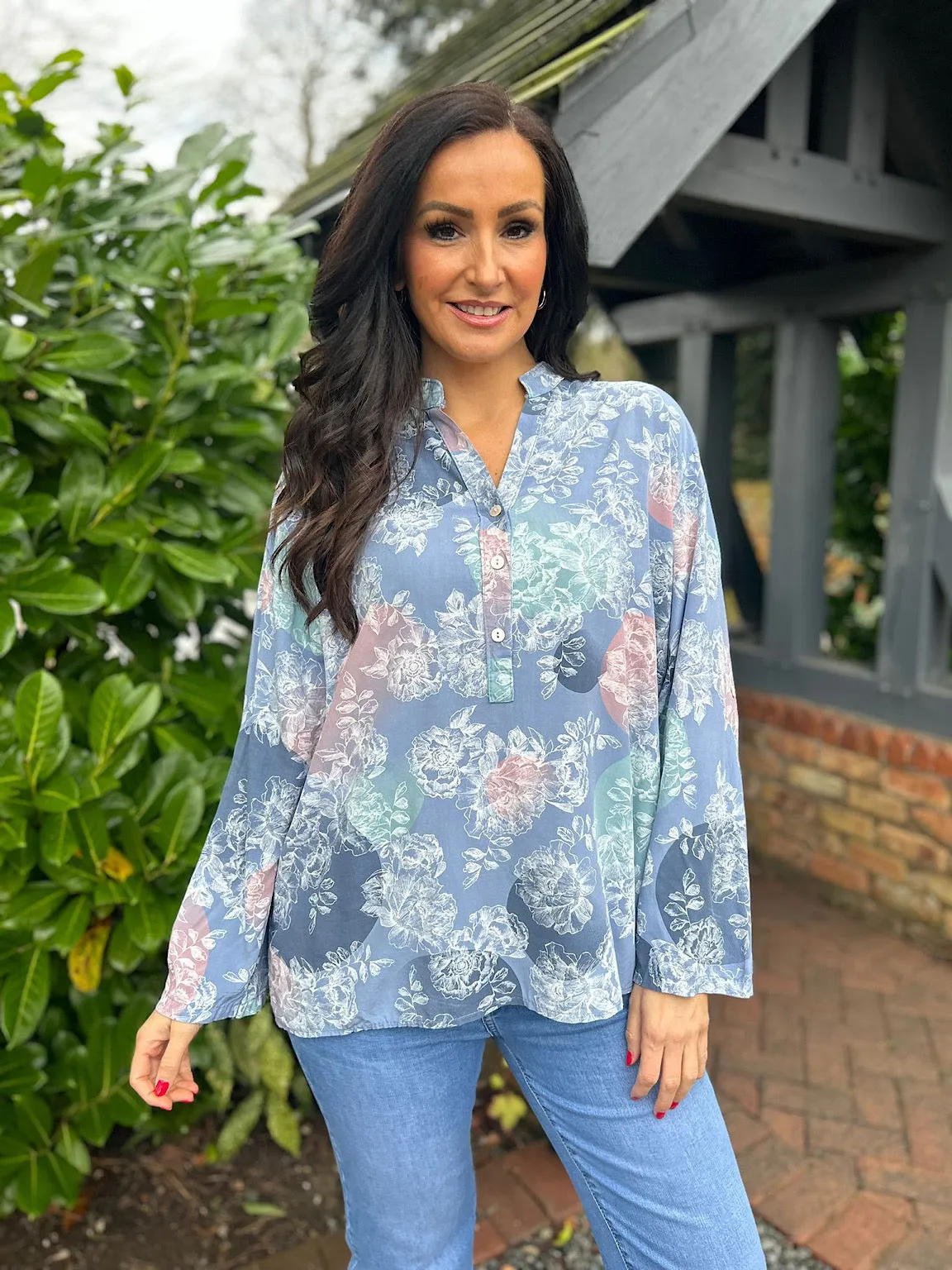 Denim Floral Circle Pattern Blouse April