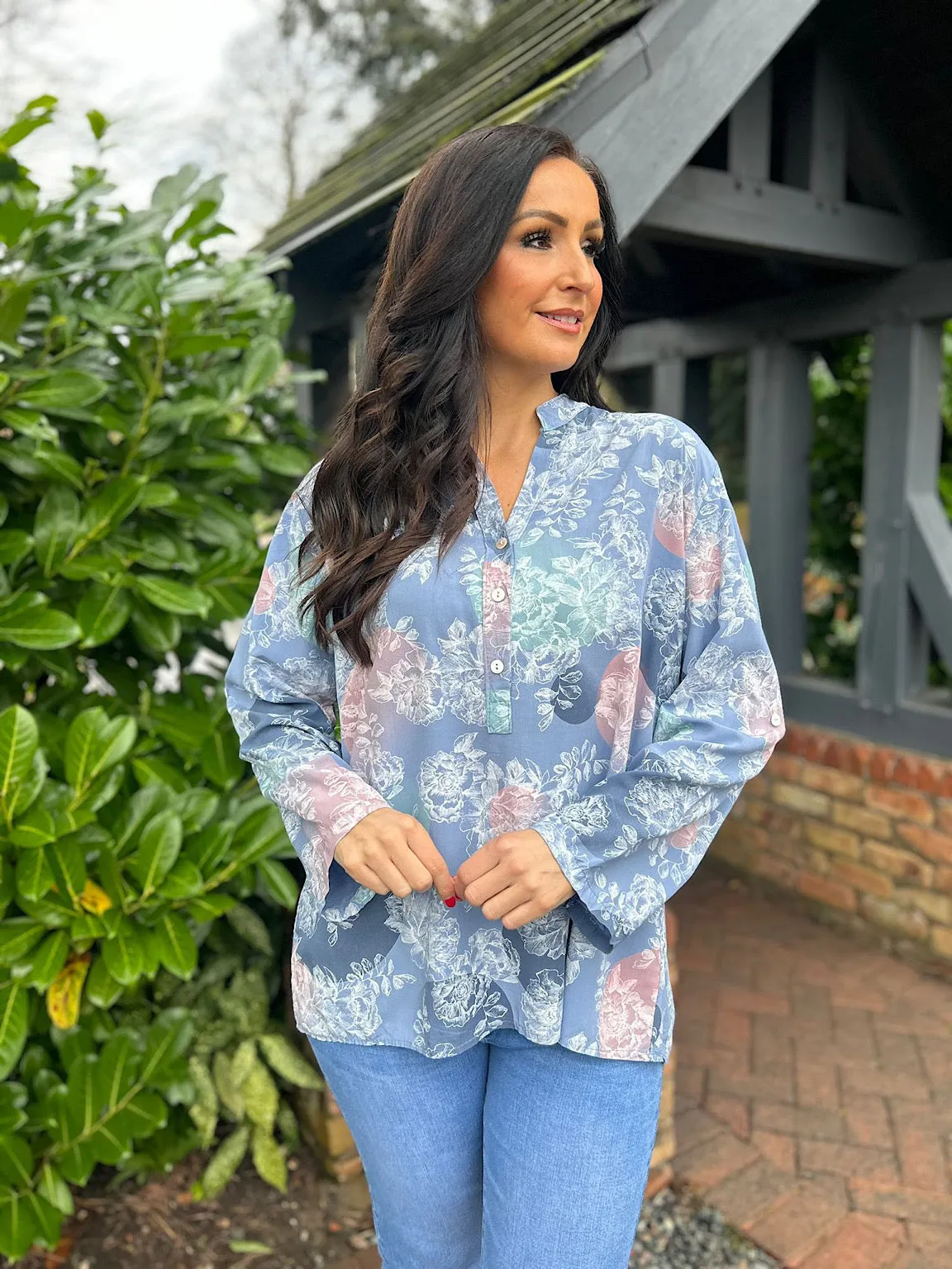 Denim Floral Circle Pattern Blouse April