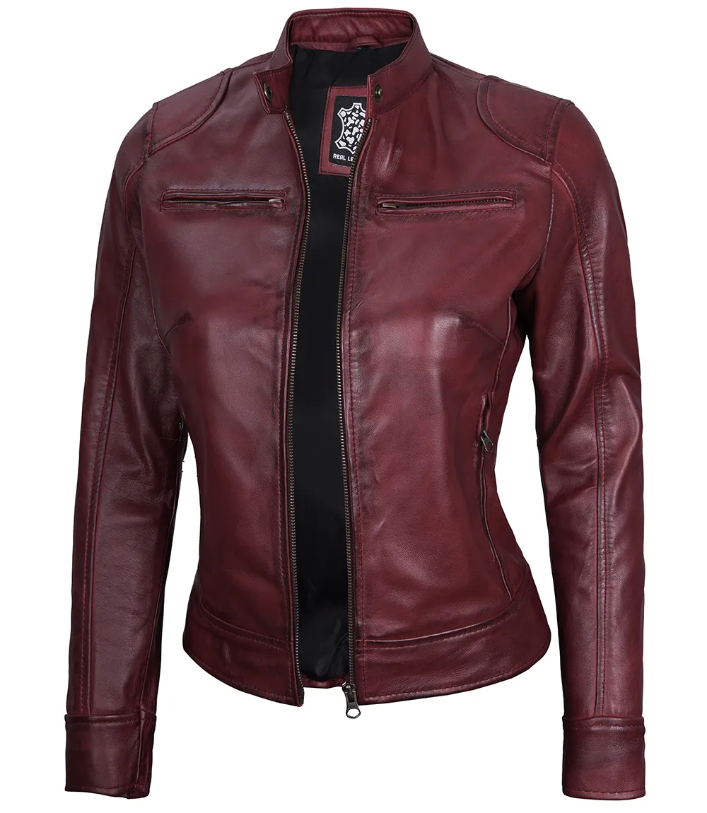 Dodge Women's Maroon Cafe Racer Leather Jacket