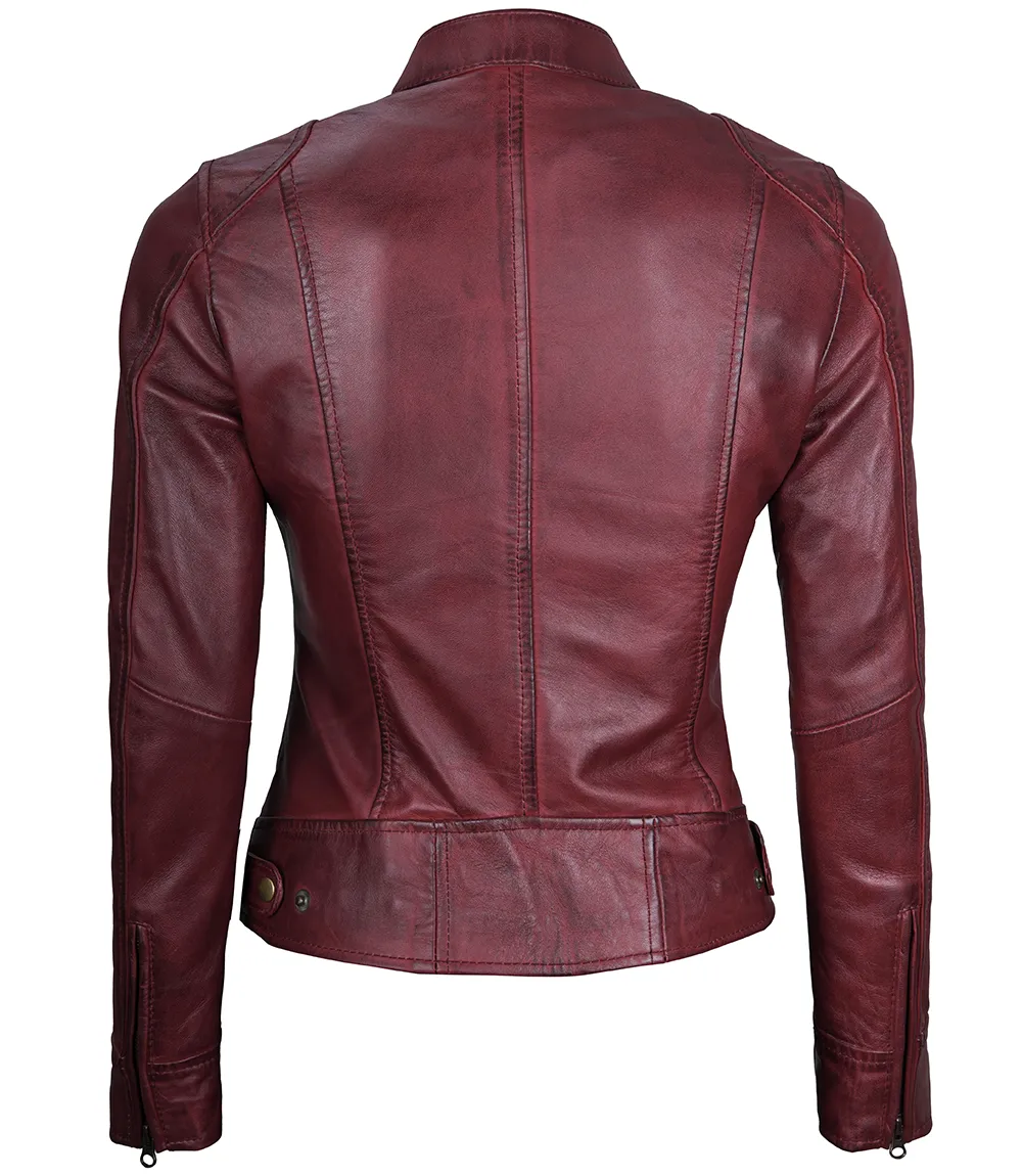 Dodge Women's Maroon Cafe Racer Leather Jacket